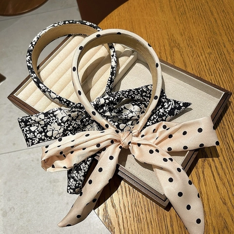 Diadema Elegante De Estilo Vintage Francés Con Lazo De Flores Y Motas Con Cinta Larga De Satén Accesorio Para El Cabello Mujer