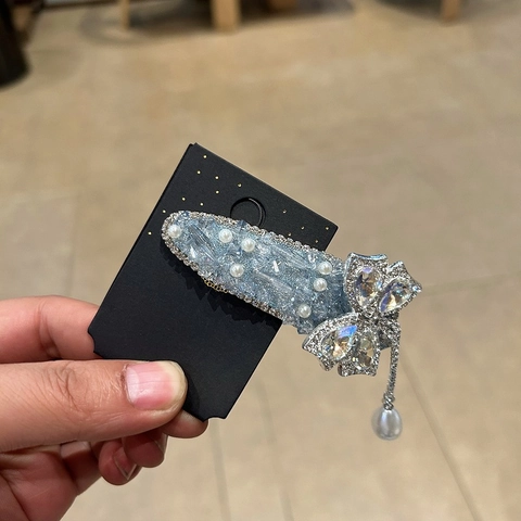 Pinza de Pelo de Lazo Estilo Coreano con Diamantes de Imitación y Borla para Mujer Aleación Perla Artificial Cristal