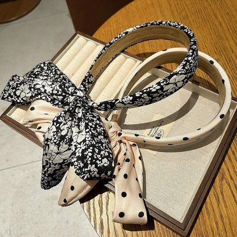 Diadema Elegante De Estilo Vintage Francés Con Lazo De Flores Y Motas Con Cinta Larga De Satén Accesorio Para El Cabello Mujer