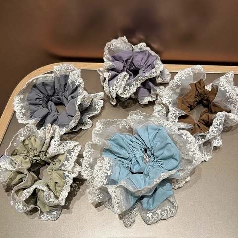 Coleteros de Encaje de Gran Tamaño Vintage Francés Lazos para el Pelo de Tela Color Sólido Bordado Bandas Elásticas para Mujer