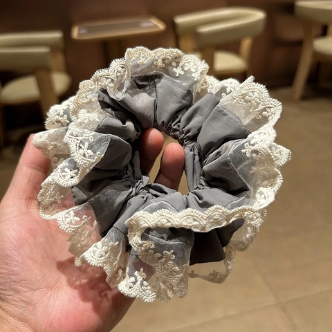 Coleteros de Encaje de Gran Tamaño Vintage Francés Lazos para el Pelo de Tela Color Sólido Bordado Bandas Elásticas para Mujer