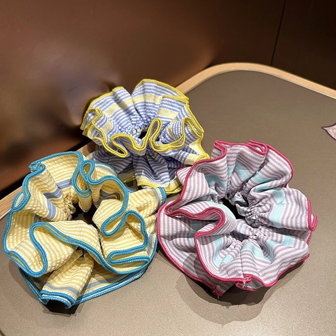 Korean Style Fresh Cotton Fabric Striped Large Scrunchie Handmade Contrast Edge Hair Tie Ponytail Holder For Women