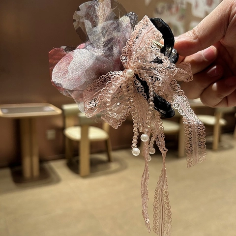 Molla per Capelli Stile Antico con Fiore e Nastro di Pizzo Cristallo Artificiale Perla Nappa Dolce Fermaglio per Capelli Donna