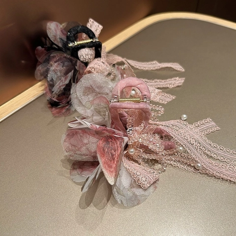 Molla per Capelli Stile Antico con Fiore e Nastro di Pizzo Cristallo Artificiale Perla Nappa Dolce Fermaglio per Capelli Donna