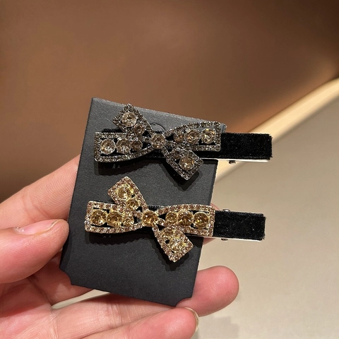 Barrette à Cheveux Élégante en Velours avec Nœud de Style Coréen Avec Strass Brillants Or Champagne Gris pour Femmes Bijoux de Cheveux