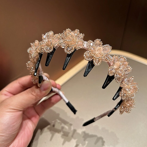 Cerchietto per Capelli in Cristallo Artificiale in Stile Coreano Elegante Cerchio Avvolto in Raso con Perline e Clip Antiscivolo per Donna