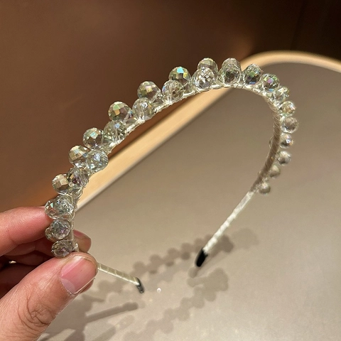 Handmade Women Luxury Artificial Crystal Beads Headband Transparent Green Faceted Round Rhinestone Hair Band Elegant Party Hair Accessories
