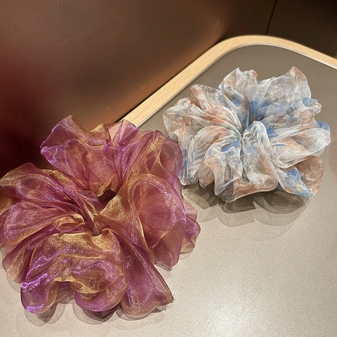 Koreaanse Stijl Grote Organza Scrunchies Voor Dames Elegante Gradiënt Gaas Bloemen Haarelastiekjes Geplooide Inktwassing Scrunchie