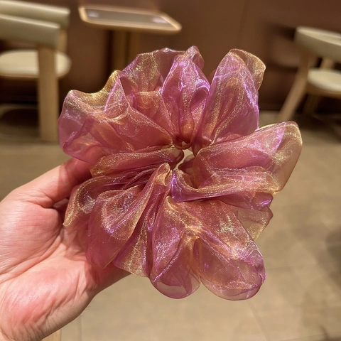 Koreaanse Stijl Grote Organza Scrunchies Voor Dames Elegante Gradiënt Gaas Bloemen Haarelastiekjes Geplooide Inktwassing Scrunchie
