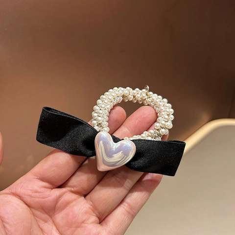 Elegante Elastico per Capelli Con Perle Artificiali Fiocco in Satin Nero e Design a Cuore Iridescente per Donna Accessori