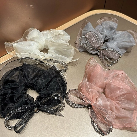 Korean Organza Mesh Scrunchie With Crystal Bowknot Beaded Elegant Hair Tie For Women Girls Hair Accessories