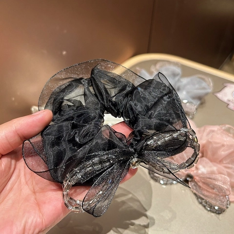 Korean Organza Mesh Scrunchie With Crystal Bowknot Beaded Elegant Hair Tie For Women Girls Hair Accessories
