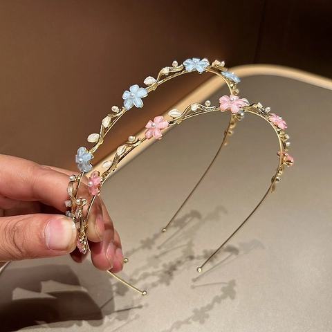 Cerchietto in Metallo con Künstliche Perle e Strass a Forma di Fiore per Donna Stile Coreano Dolce Fascia per Capelli Floreale Accessori