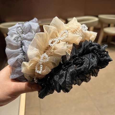Diadema de Organza Plisada Vintage Con Cuentas de Cristal Elegante Diadema de Strass Para Mujer Accesorios Para El Cabello