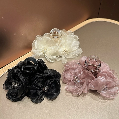 Franse Romantiek Grote Organza Mesh Bloem Haarklem Elegante Strass Florale Haarspeld Voor Vrouwen Vakantie Dagelijkse Accessoires