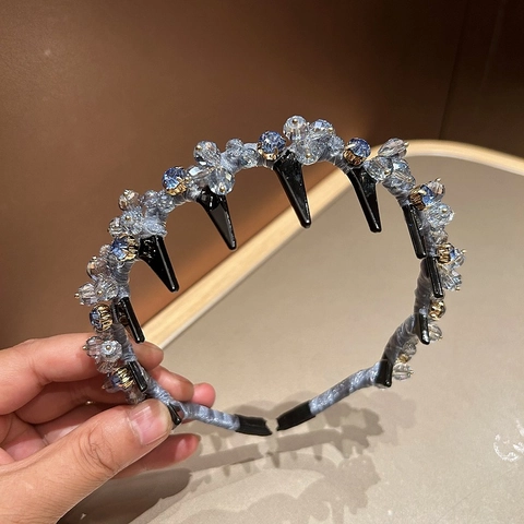 Diadema de Flores de Cristal Artificial Vintage Con Púas Estilo Punk Banda Para El Cabello De Cuentas Hecha A Mano Para Mujer Accesorios De Lujo