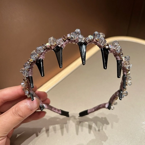 Diadema de Lujo con Cristal Artificial y Púas para Mujer Gothic Punk Strass Banda para el Pelo Antideslizante Satén Accesorios