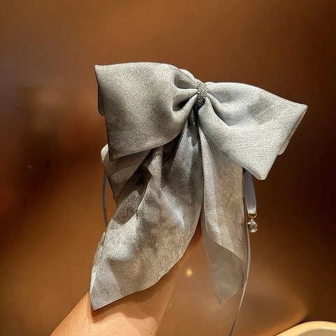 Elegante Pinza de Pelo de Lazo Grande Con Anillo de Strass Y Colgante de Cristal Pinza de Cola de Caballo de Tela de Satén Mujer