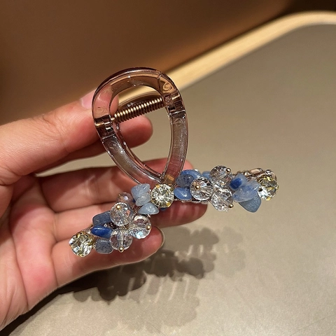 Molla per Capelli Fatta a Mano con Perline di Cristallo Artificiale Blu Elegante Clip in Acrilico con Strass per Donna Gioielli per Feste