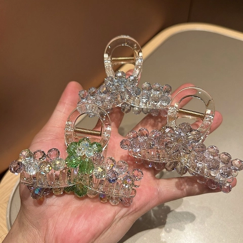 Elegant Rhinestone Hair Claw Clip For Women Crystal Flower Design Plastic Large Hair Clip Fairy Style Party Headwear