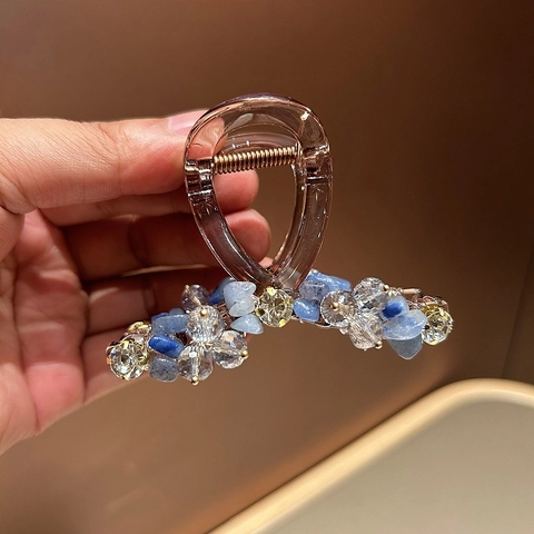 Molla per Capelli Fatta a Mano con Perline di Cristallo Artificiale Blu Elegante Clip in Acrilico con Strass per Donna Gioielli per Feste
