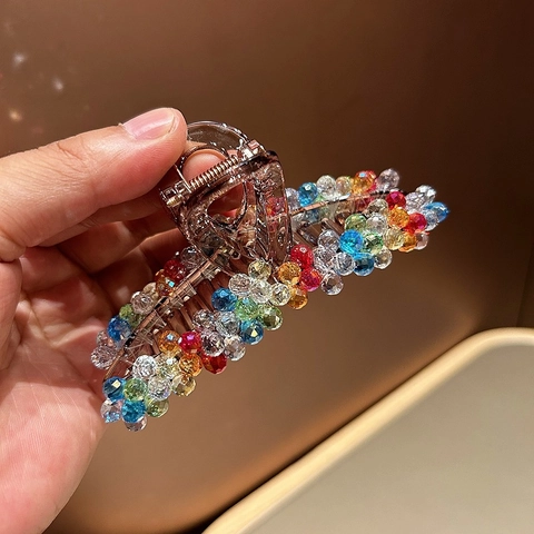 Exquisite Artificial Crystal Hair Claw Clip For Women Large Rainbow Color Bead Shark Clip Elegant Accessory For Thick Hair