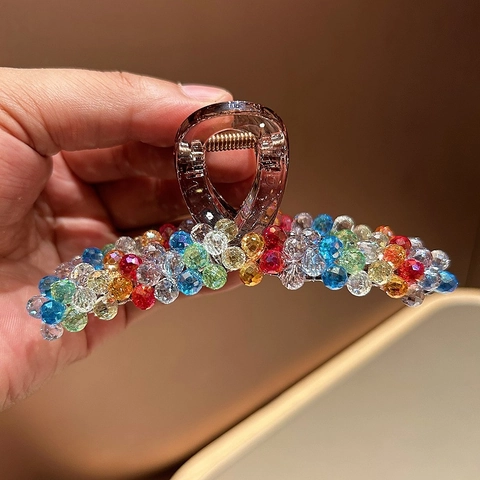 Exquisite Artificial Crystal Hair Claw Clip For Women Large Rainbow Color Bead Shark Clip Elegant Accessory For Thick Hair