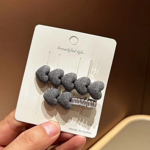Pinzas para el Cabello de Corazón de Tela de Mezclilla Dulce Estilo Coreano para Mujer Clips Laterales con Diamantes