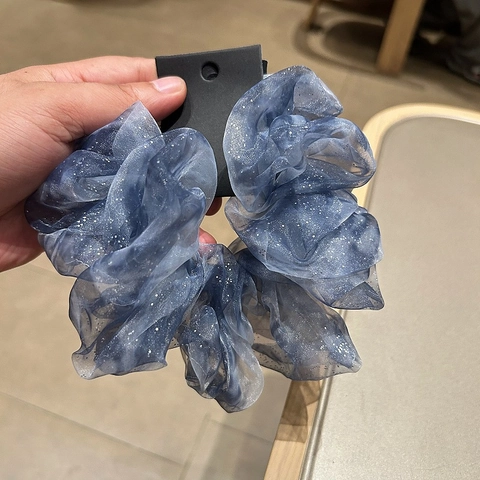 Blau Sternenreich Glitzer Organza Scrunchie Übergroß Handgefertigt Elastisch Haargummi Für Damen Elegant Frisch Süß Haarschmuck