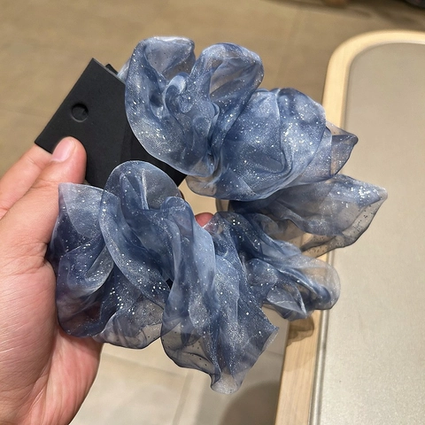 Blau Sternenreich Glitzer Organza Scrunchie Übergroß Handgefertigt Elastisch Haargummi Für Damen Elegant Frisch Süß Haarschmuck