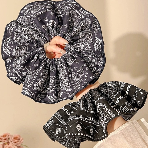 Vintage Paisley Pattern Fabric Large Scrunchie Navy Blue Black Bandana Square Scarf Hair Tie For Women Elegant Hair Accessories