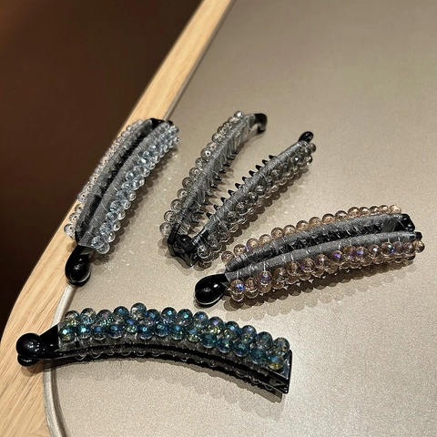 Pince Banane en Cristal Artificiel Style Coréen avec Perles en Maille Support de Queue de Cheval Vertical Femme