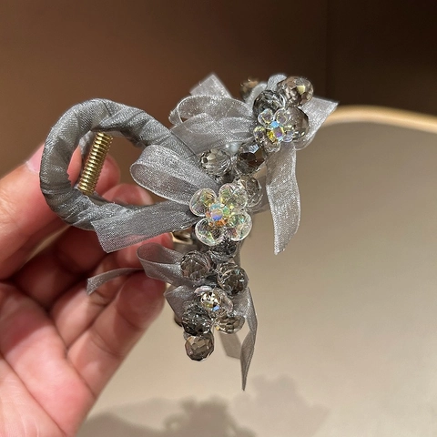 Pinza de Pelo de Lazo de Malla Gris Hecha a Mano Elegante Decoración de Flores de Strass Accesorio para el Pelo de Princesa Mujer