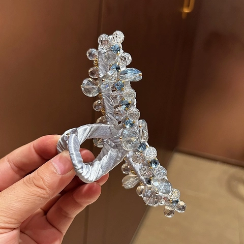 Elegante Molla per Capelli Grande in Satin Con Perline di Cristallo Artificiale Stile Coreano Fatto a Mano Accessori per Capelli Donna