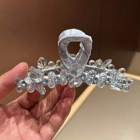 Elegante Molla per Capelli Grande in Satin Con Perline di Cristallo Artificiale Stile Coreano Fatto a Mano Accessori per Capelli Donna