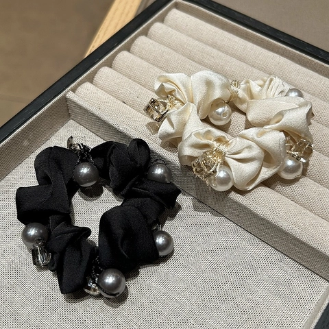 Französischer Stil Satin Haargummis Für Damen Elegant Übergroße Künstliche Perle Strass Verziert Elastische Haarbänder