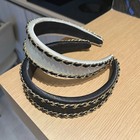 Vintage Kunstleder Doppelkette Haarreif Für Damen Elegant Breiter Rand Gepolstertes Haarband Chic Retro Mode Haarschmuck