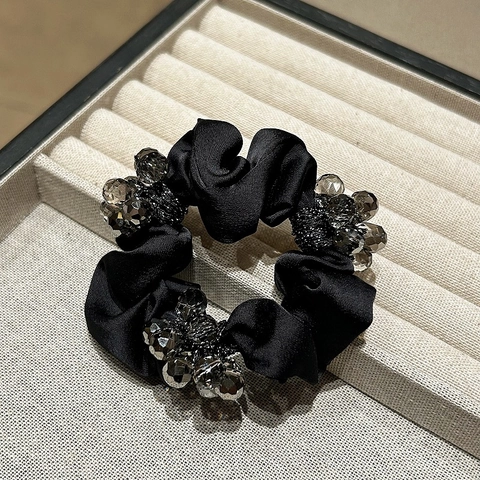 Elegante Satijnen Strass Scrunchie Voor Dames Koreaanse Stijl Hoog Elastische Haarring Kristallen Kraal Paardenstaarthouder