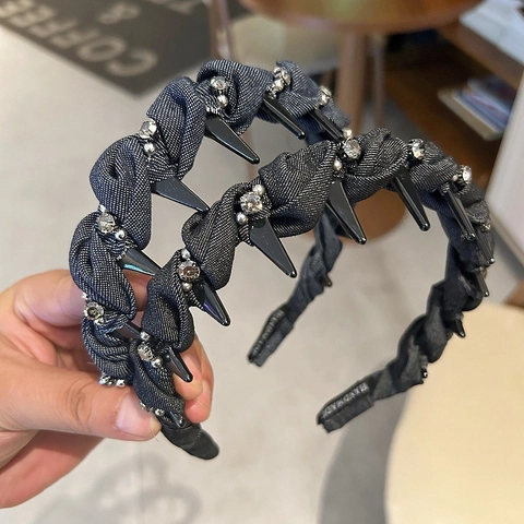 Diadema Trenzada De Mezclilla Punk Para Mujer Con Picos Negros Y Diamantes De Imitación Hecha A Mano Accesorio Cabello