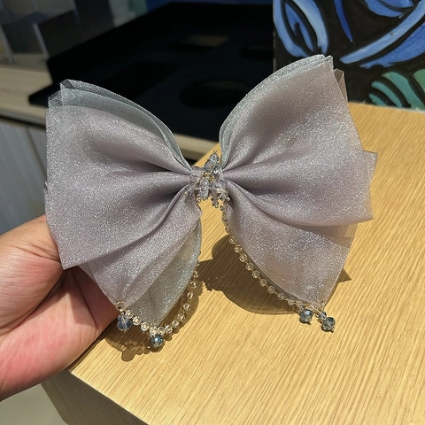Elegante Fermaglio per Capelli con Fiocco in Maglia Grande Donna Viola Fumé Organza Strass Nappa di Perle Accessori Capelli