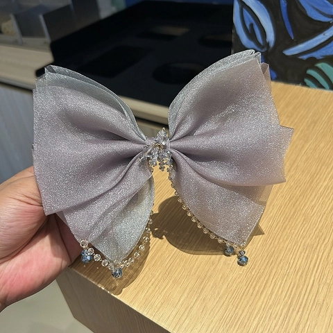 Elegante Fermaglio per Capelli con Fiocco in Maglia Grande Donna Viola Fumé Organza Strass Nappa di Perle Accessori Capelli