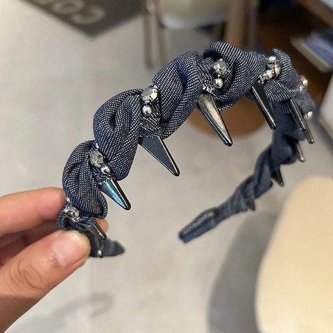 Diadema Trenzada De Mezclilla Punk Para Mujer Con Picos Negros Y Diamantes De Imitación Hecha A Mano Accesorio Cabello