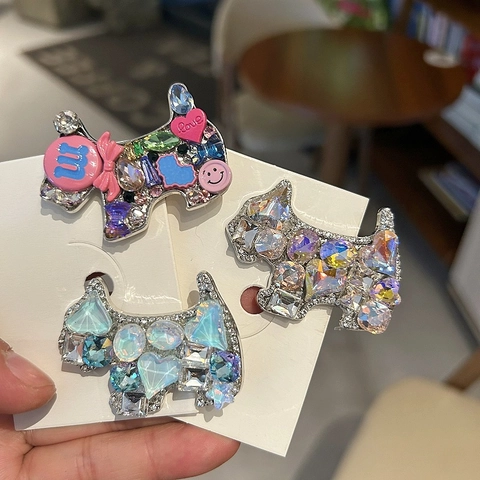 Legierung Strass Cartoon Scottie Hund Haarspange Süße Bunte Edelstein Entenschnabel Seitenclip Für Damen Täglich Haarschmuck