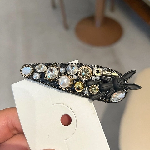 Fermaglio per Capelli a Forma di Coniglio in Lega di Zinco Lusso Vintage Elegante Forcina Nera Con Perle Artificiali Gioielli da Donna