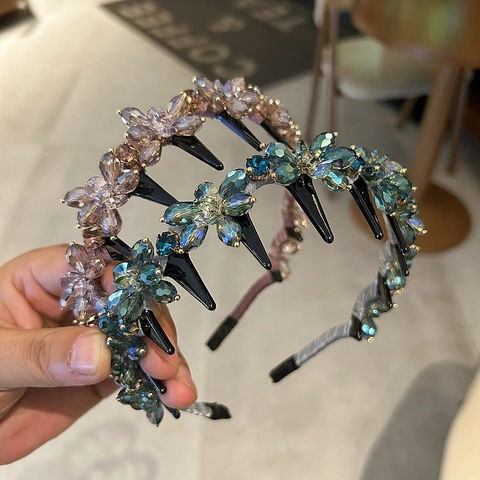 Korean Crystal Flower Beaded Headband With Teeth Vintage Sweet Full Rhinestone Hair Hoop Anti-Slip Hair Accessory For Women
