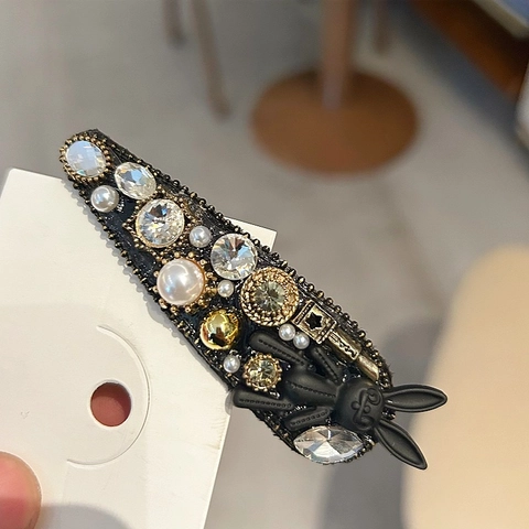 Fermaglio per Capelli a Forma di Coniglio in Lega di Zinco Lusso Vintage Elegante Forcina Nera Con Perle Artificiali Gioielli da Donna