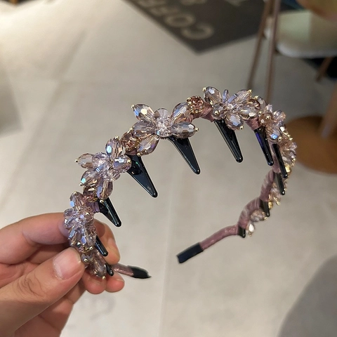 Korean Crystal Flower Beaded Headband With Teeth Vintage Sweet Full Rhinestone Hair Hoop Anti-Slip Hair Accessory For Women