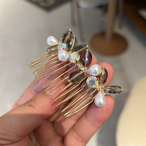Peine de Aleación Vintage con Diamantes de Imitación y Perlas Artificiales para Mujer Elegante Accesorio Floral Hecho a Mano para Boda