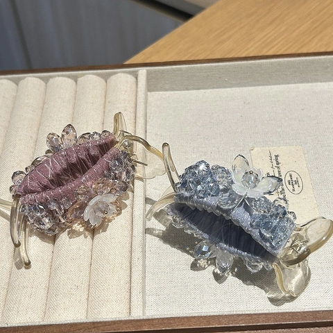 Pinza per Capelli Elegante Vintage Francese con Fiori in Cristallo Grande Fermaglio per Donna Avvolto in Tessuto Satin