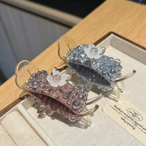 Pinza per Capelli Elegante Vintage Francese con Fiori in Cristallo Grande Fermaglio per Donna Avvolto in Tessuto Satin